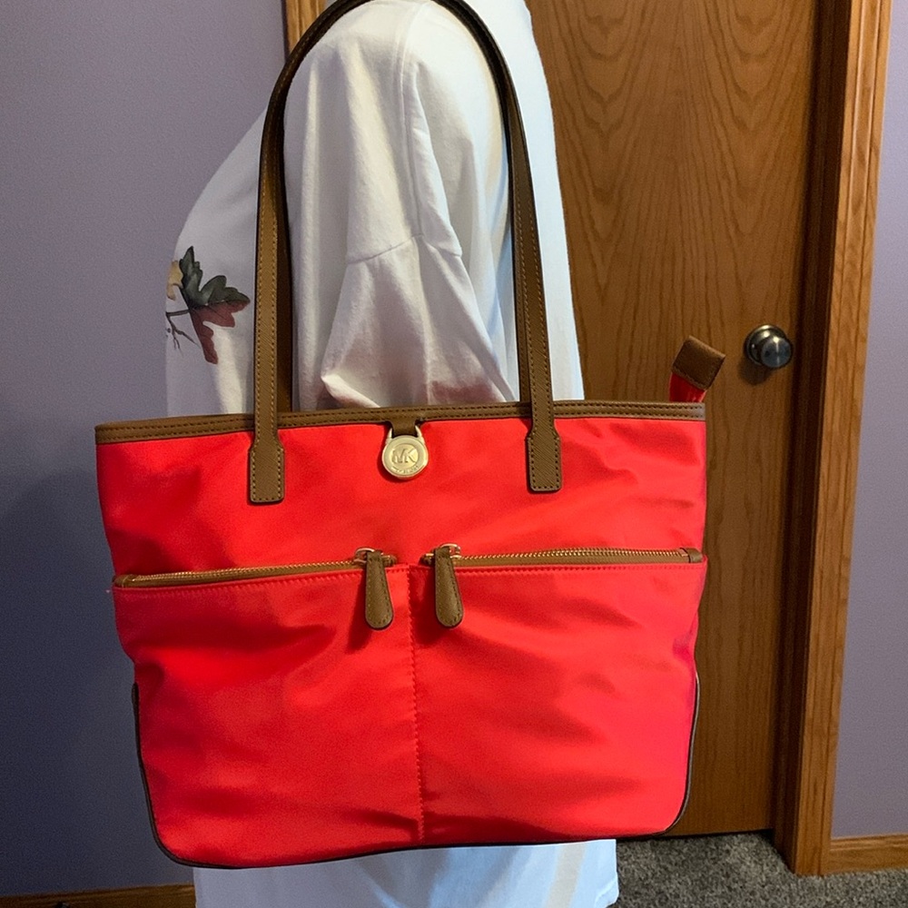 Michael Kors Kempton Tote Nylon Shoulder Bag. Red